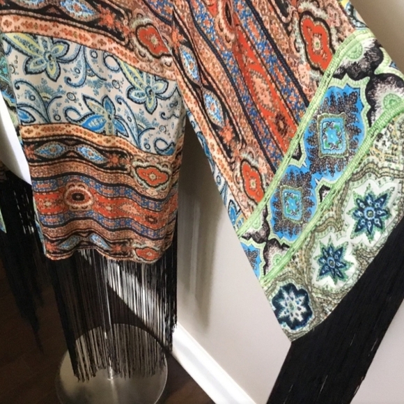 Boston Proper Bohemian Artsy Moasic Fringe Kimono Cardigan Wrap Cape Open Duster - Picture 8 of 12